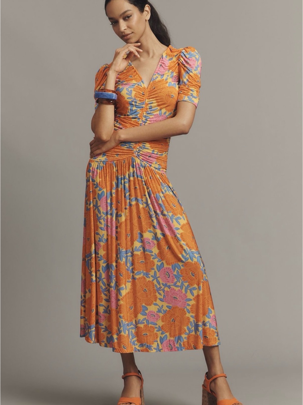 FARM Rio Orange Floral Puff-Sleeve Midi Dress
